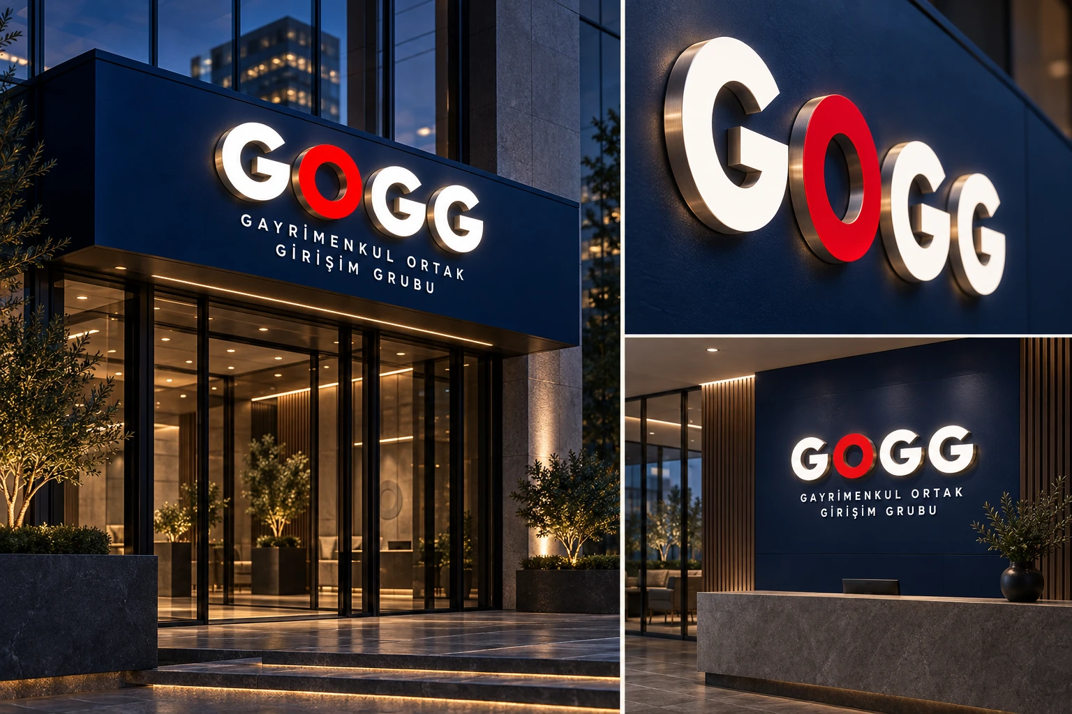 Cephe tabelası · Metal harf detayı · Lobi uygulaması — GOGG için kavramsal uygulama sunumu