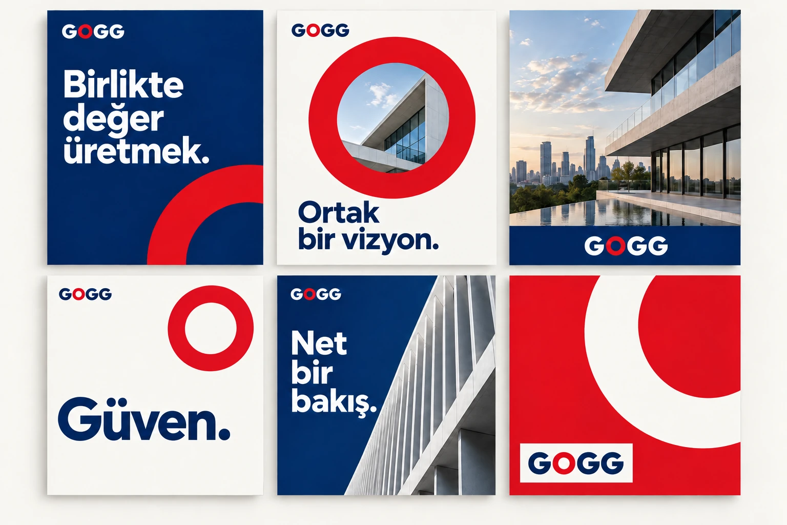 Altı post taslağı · Fotoğraf çerçevesi · Tipografik mesaj · Grafik yüzey — GOGG için kavramsal uygulama sunumu