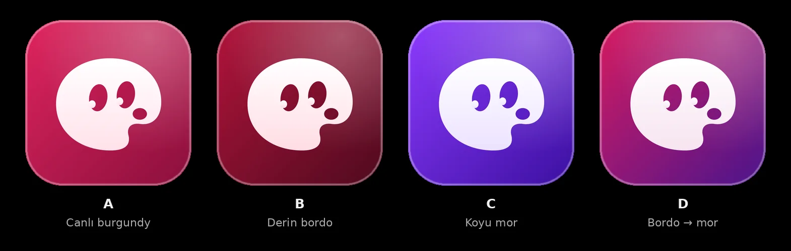 Maskot için renk seçenekleri: canlı burgundy, derin bordo, koyu mor, bordo–mor